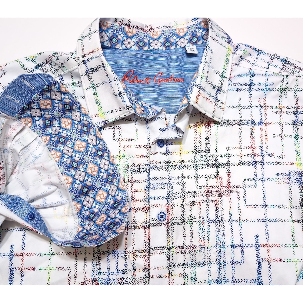 ROBERT GRAHAM Button Down Shirt Mens 3XL White Multi Color Flip Cuff Classic Fit
